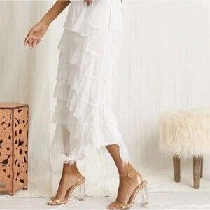 Scandal Italy White Silk Tiered  Midi Skirt Jersey Waist $172 Medium No Size Tag